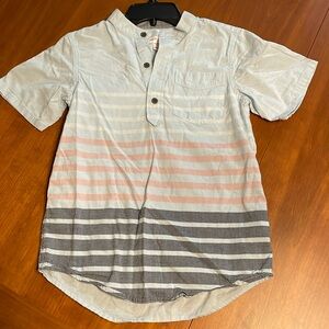Boys size M (8/10) cotton shirt light blue white navy salmon stripes